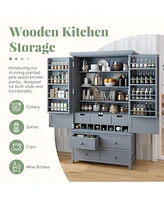 Freestanding Kitchen Pantry Cabinet with Storage & Wine Racks