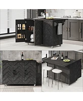 3D Wave Stripes Kitchen Island with Drop Leaf (Black)
