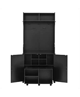 4-in-1 Farmhouse Hall Tree with Barn Doors, Movable Bench, Hooks, and Shoe Cabinet