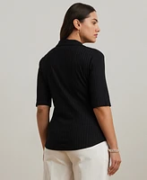 Lauren Ralph Plus Rib-Knit Elbow-Sleeve Polo Tee