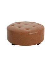 Upholstered Button Tufted Round Ottoman, Pu, Orange Brown