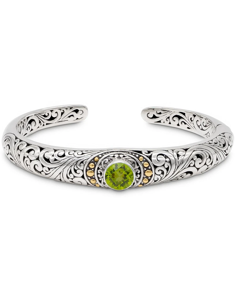 Devata Peridot & Bali Filigree Cuff Bracelet in Sterling Silver and 18K Gold Accents