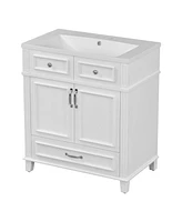 30" Resin Sink Vanity with Solid Wood Frame Cabinet, Retro White