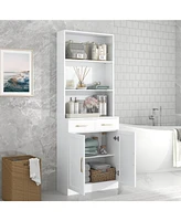 Bathroom Storage Cabinet, Cabinet with Two Doors and Drawers, Adjustable Shelf, Three-layer Open Shelf, Mdf Board, White