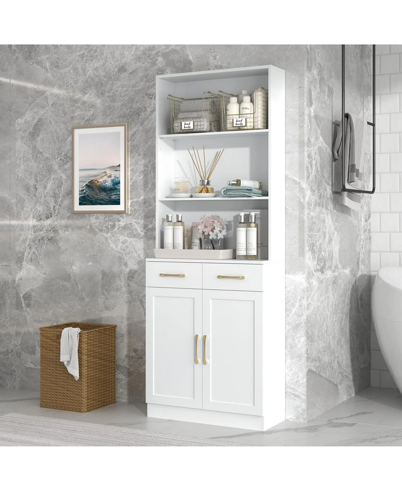 Bathroom Storage Cabinet, Cabinet with Two Doors and Drawers, Adjustable Shelf, Three-layer Open Shelf, Mdf Board, White