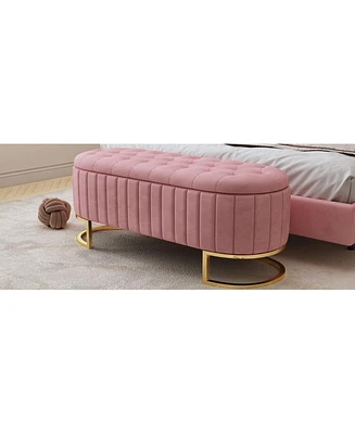 Velvet Storage Ottoman with Button-Tufting and Metal Legs for Living Room & Bedroom