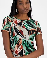 Bar Iii Women's Palm Print Short-Sleeve Mesh Top, Exclusively at Macy's