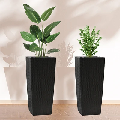 Large Black Faux Rattan Planter with Self-Watering System