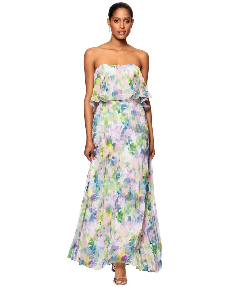 Betsy & Adam Women's Printed Pleated Strapless Gown