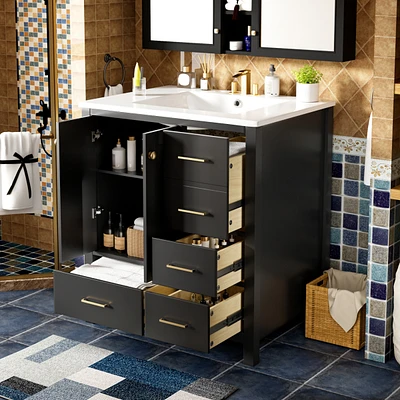 30" Wood Vanity Cabinet Set with Ceramic Sink, Drawers, and Soft-Close Doors
