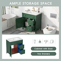 30" Green Bathroom Vanity with Sink, Door, and Drawers