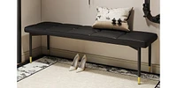 59" Black Shoe Bench with Gold Accents: Faux Leather Cushion, Metal Legs