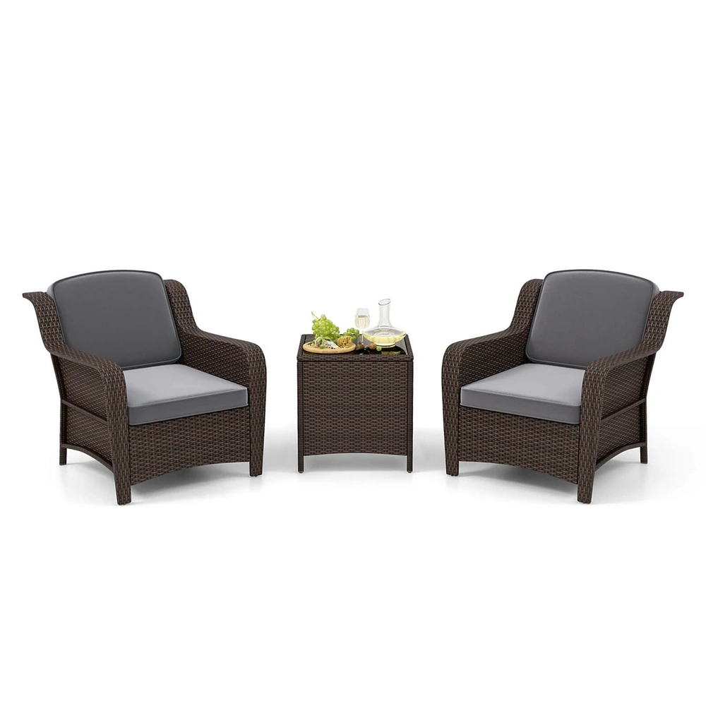 Gymax Set of 3 Furniture Set w/ Cushions & Tempered Glass Coffee Table
