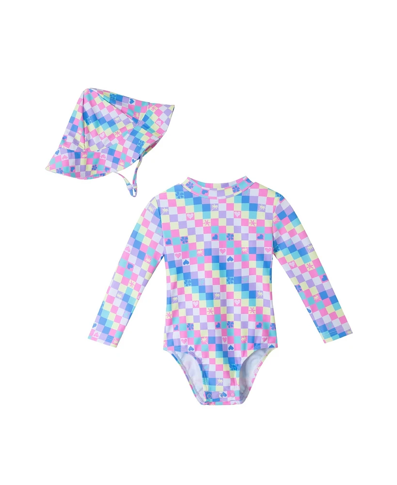 Infant Check Print Ruffle Back Rashguard w/Hat