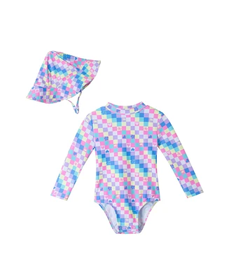 Infant Check Print Ruffle Back Rashguard w/Hat