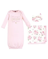 Hudson Baby Infant Girl Gown, Swaddle Blanket and Cap or Headband, Mom Floral, 0-6 Months