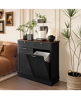 Two-Compartment Tilt-Out Trash Cabinet, Pet Proof Kitchen Cabinet with Can, Free Standing Laundry Sorter Hamper