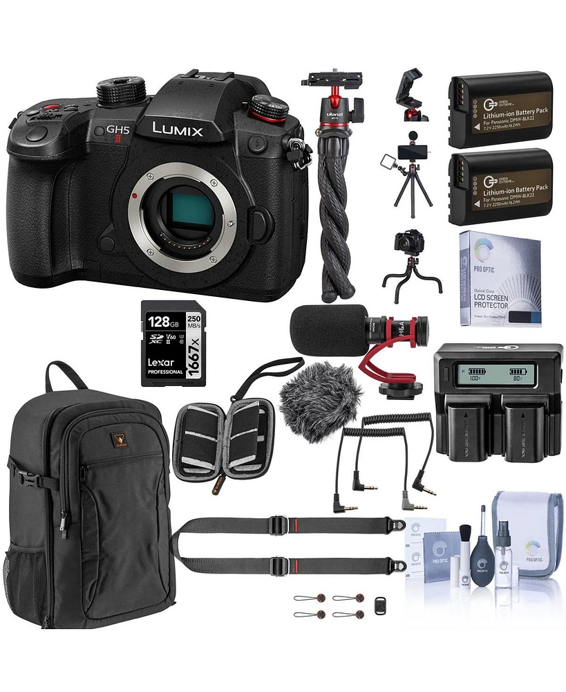 Panasonic Lumix GH5II Mirrorless Camera Bundle with 128GB Sd Card, Backpack, 2x Extra Battery, Dual Charger, Shoulder Strap, Mic, Octopus Tripod and A