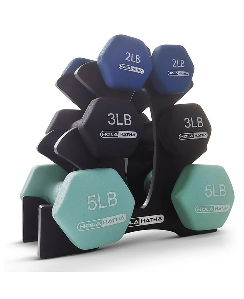 HolaHatha 2, 3, & 5 Pound Neoprene Dumbbell Free Hand Weight Set w/ Rack, Pastel