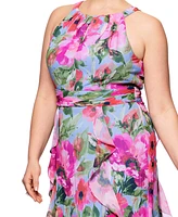 Xscape Plus Printed A-Line Ruffle-Skirt Dress