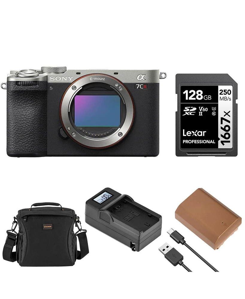 Sony Alpha a7CR Mirrorless Camera Body, Silver, Bundle with Shoulder Bag, 128GB Sd Card, Extra Battery, Charger