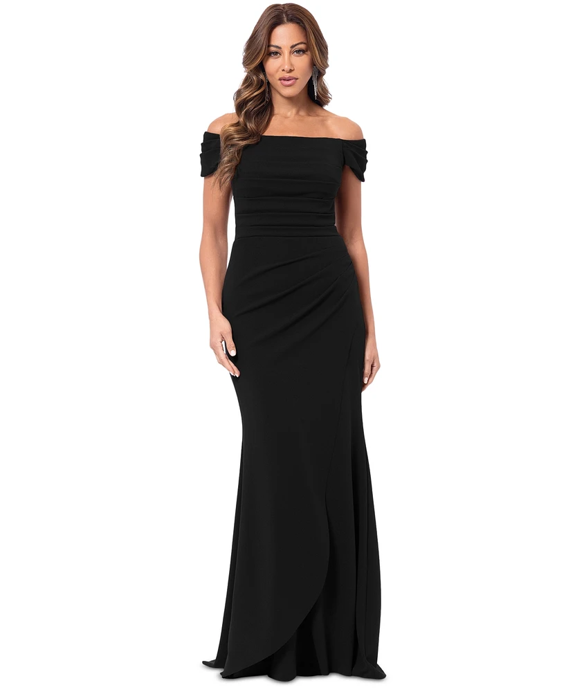 Xscape Women's Ruched Off-The-Shoulder Long Dress