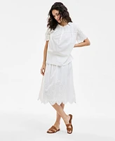 Style & Co Petite Cotton Embroidered Pleated-Yoke Short-Sleeve Top, Exclusively at Macy's