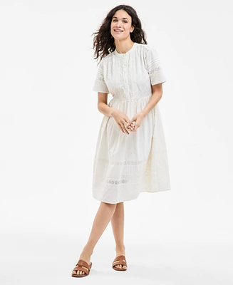 Style & Co Women's Cotton Embroidered Lace-Inset Midi Dress, Exclusively at Macy's