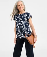Style & Co Women's Printed Mixed-Media Short-Sleeve Top, Exclusively at Macy's