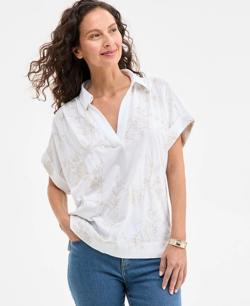 Style & Co Women's Split-Neck Collared Embroidered Top, Exclusively at Macy's