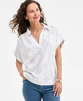 Style & Co Women's Split-Neck Collared Embroidered Top, Exclusively at Macy's