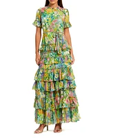 Women's Floral Printed Chiffon Tiered Ruffle Gown