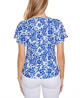 Belldini Women's Floral Printed Eyelet Short Sleeve Knit Top