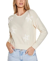 Belldini Women's 3D Floral Crewneck Trim Sweater