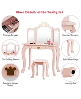 Kids Makeup Dressing Table with Tri-folding Mirror and Stool