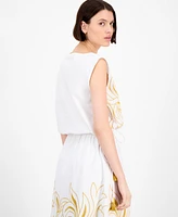 Avec Les Filles Women's Sleeveless Embroidered Drawstring-Hem Top