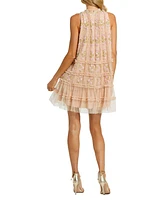 Women's Sleeveless High Neck Beaded Ruffle Detail Dress