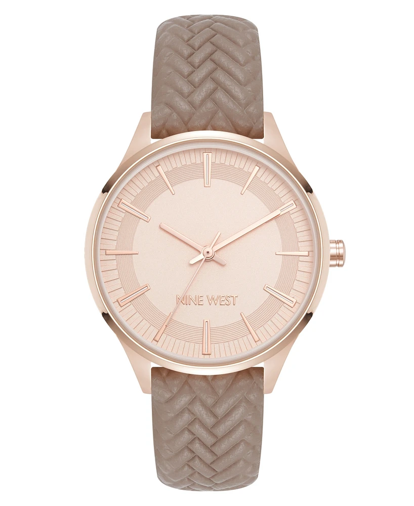 Nine West Women's Quartz Boyfriend Rose Gold-Tone and Tan Polyurethane Leather Band Watch, 35mm