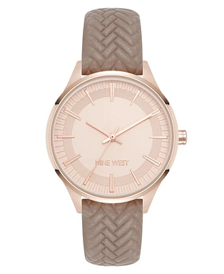 Nine West Women's Quartz Boyfriend Rose Gold-Tone and Tan Polyurethane Leather Band Watch, 35mm