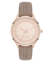 Nine West Women's Quartz Boyfriend Rose Gold-Tone and Tan Polyurethane Leather Band Watch, 35mm