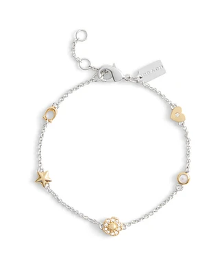 Coach Faux Stone Signature Tea Rose Heart Strand Bracelet