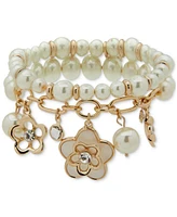 Anne Klein Gold-Tone Mixed Stone Flower Charm Double-Row Stretch Bracelet