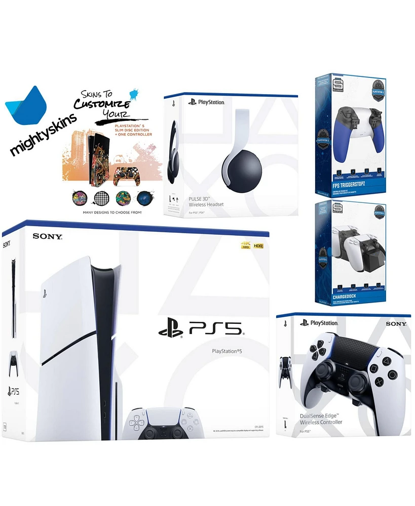 Sony Playstation 5 Slim Disc Bundle with White Pulse Headset, Extra Edge Controller, Trigger Stop Kit