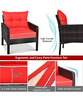 Gymax 5PCS Patio Set Sectional Rattan Wicker Furniture Set w/ Red Cushion