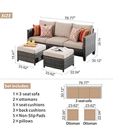 3 Piece Patio Furniture Set,Outdoor Weather Resistant Wicker Sofa with 2 Ottomans,2 Comfy Pillows,for Yard Porch,Patio and Backyard,Orange Red