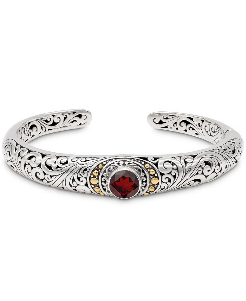 Devata Garnet & Bali Filigree Cuff Bracelet in Sterling Silver and 18K Gold Accents