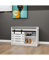 2-Tier Shoe Storage Bench with Barn Door, Adjustable Shelves