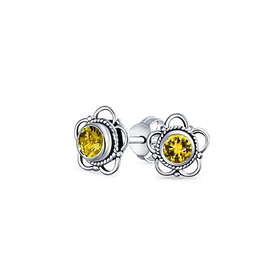 Bling Jewelry Bali Tiny Open Flower Stud Earrings Oxidized .925 Sterling Silver