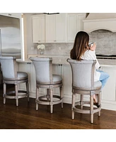 Maven Lane Pullman Counter Stool in Reclaimed Oak Finish with Ash Grey Fabric Upholstery, Set of 3
