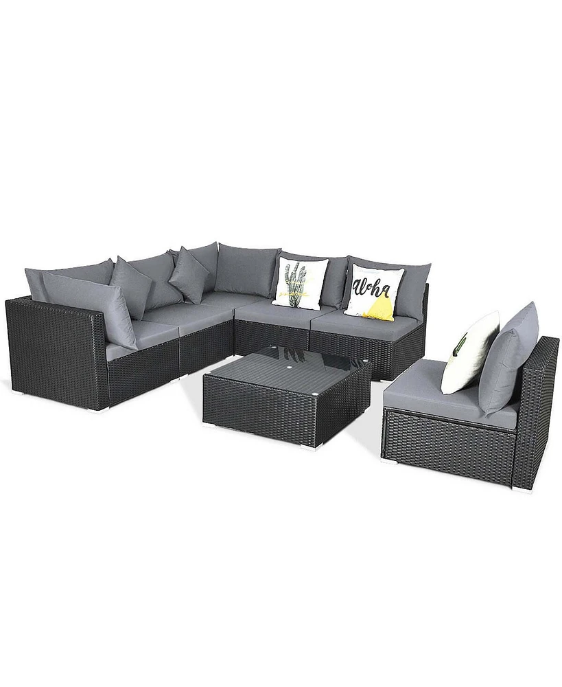 Gymax Set of 7 Rattan Sofa Sectional Conversation Furniture Patio